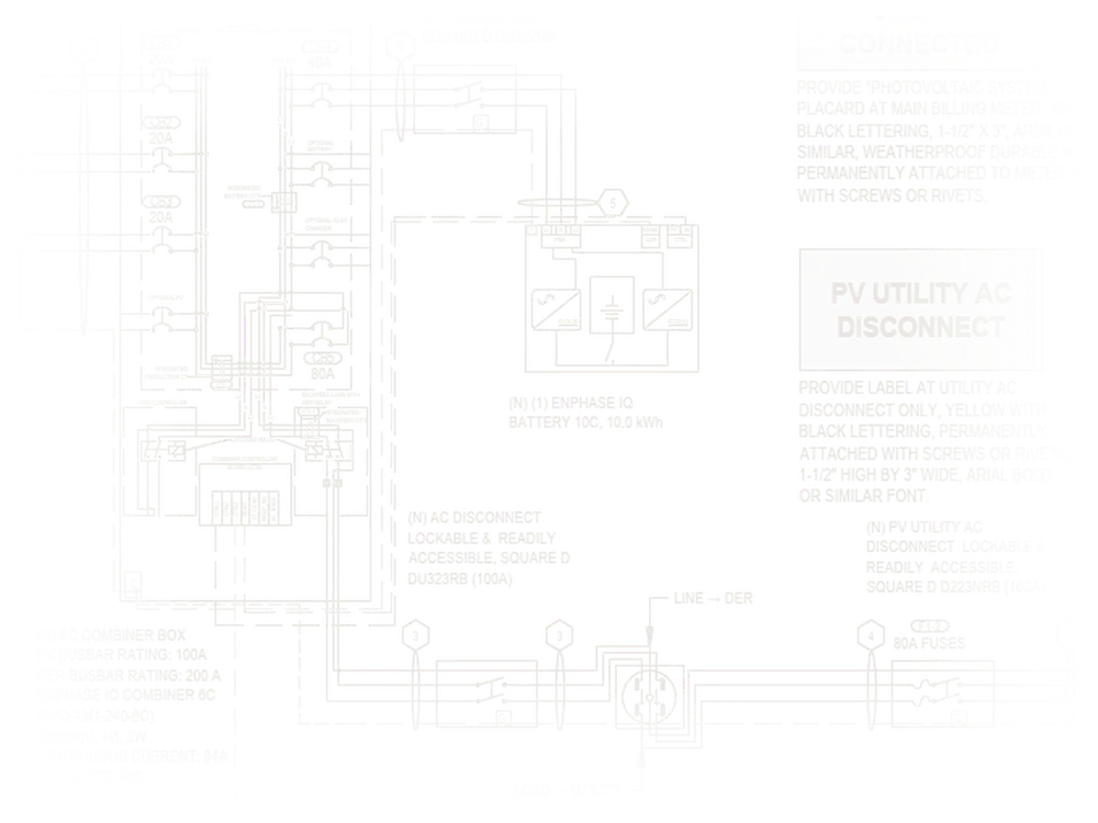 Detail of a residential PV and battery storage permit set: PV branch circuits, AC combiner, hybrid inverter, IQ Battery, AC and utility disconnects.