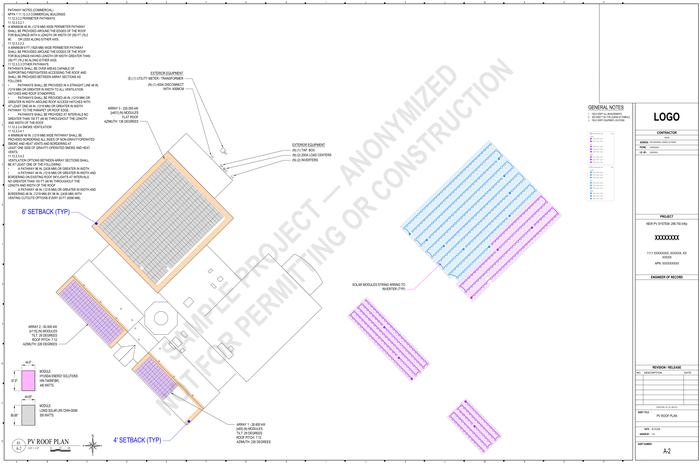 Commercial C&I PV roof plan (anonymized sample) — sheet A-2